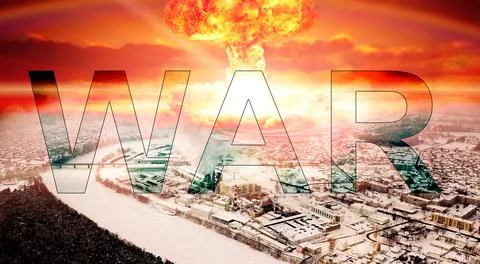 Nuclear explosion on the background of an eastern European city top view Stock Photos