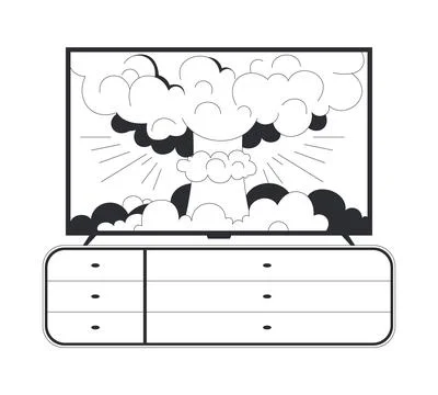 Nuclear explosion blast on TV screen black and white cartoon clipart Ilustração Stock