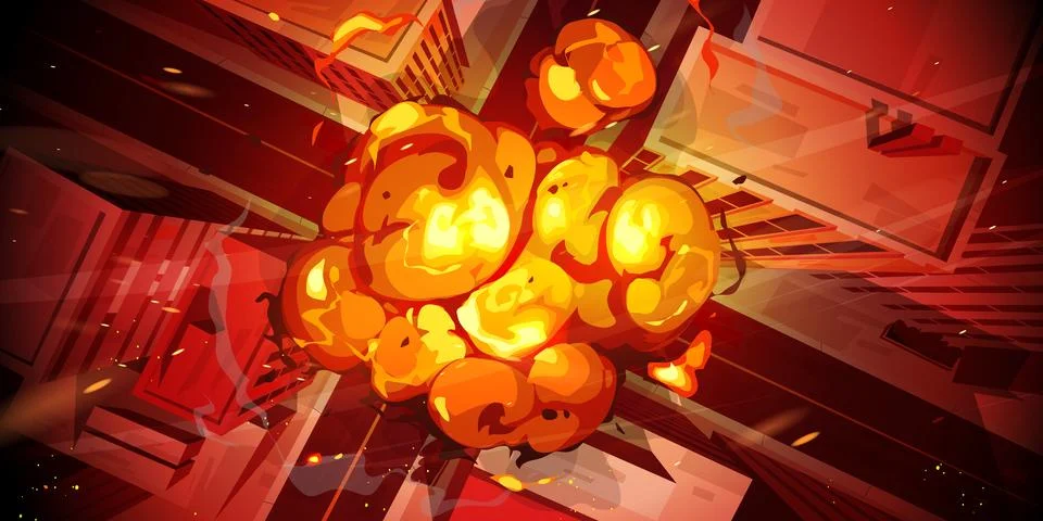 Nuclear explosion in city top view, fiery mushroom Stock Illustration