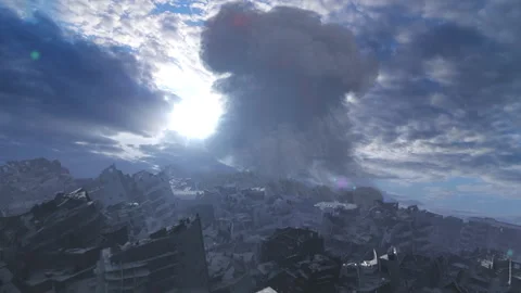 Nuclear explosion close to destroyed city, sunset aerial view, Stock Footage 265908130