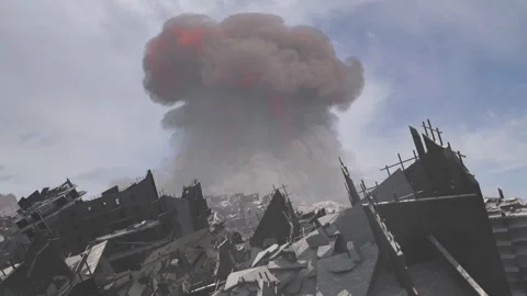 Nuclear explosion close to destroyed city, aerial Stock Footage 266652100