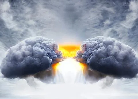A nuclear explosion, a gray cloud in the shape of a huge mushroom, and a flas Foto stock
