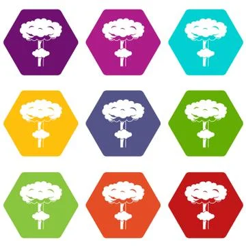 Nuclear explosion icon set color hexahedron Stock Illustration