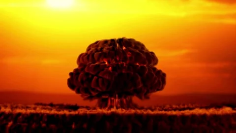 Nuclear explosion mushroom cloud rising against a dramatic sunset Stock Footage 335651877