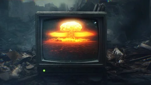 Nuclear explosion over a modern city at sunset animation with Vintage TV Stock Footage 318439707