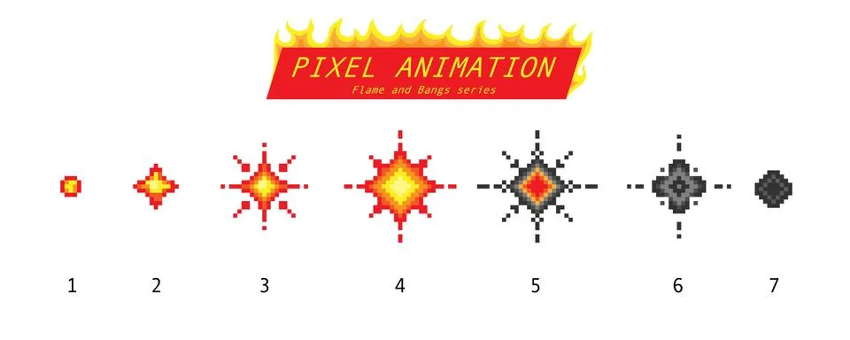 Nuclear explosion. Pixel art 8 bit fire objects. Game icons set. Comic boom Illustrazione stock