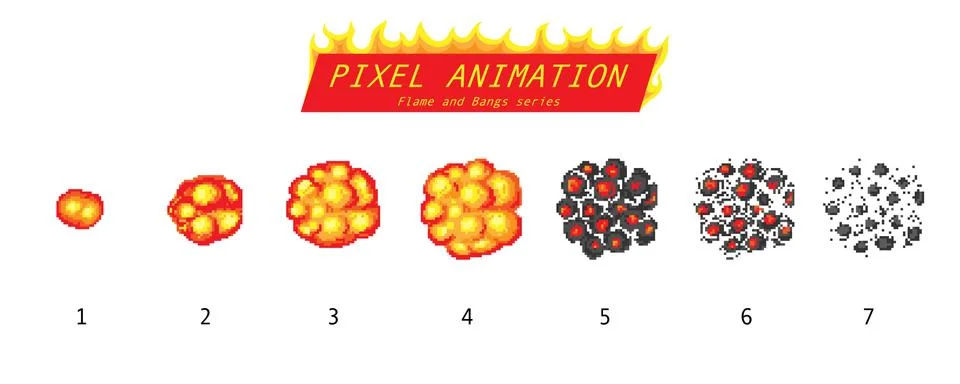 Nuclear explosion. Pixel art 8 bit fire objects. Game icons set. The evolution Stock Illustration