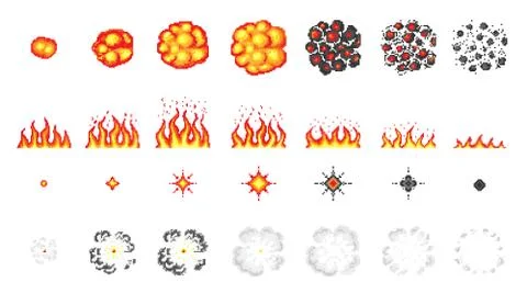 Nuclear explosion. Pixel art 8 bit fire objects. Game icons set. Comic boom Stock Illustration