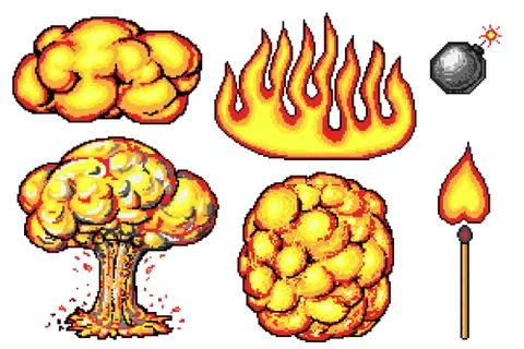 Nuclear explosion. Pixel art 8 bit fire objects. Mushroom cloud. Game icons set Stock Illustration