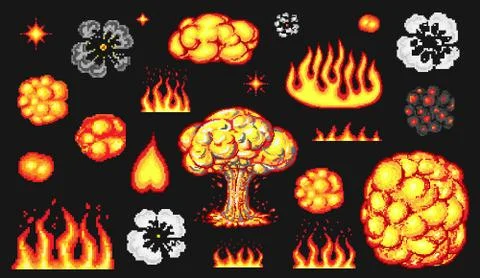 Nuclear explosion. Pixel art 8 bit fire objects. Mushroom cloud. Game icons set Illustrazione stock