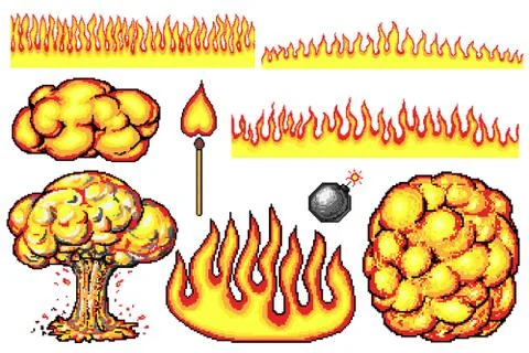 Nuclear explosion. Pixel art 8 bit fire objects. Mushroom cloud. Game icons set Illustrazione stock