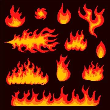 Nuclear explosion. Pixel art 8 bit fire objects. Mushroom cloud. Game icons set Stock Illustration