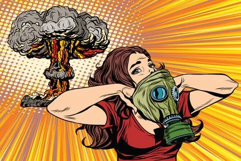 Nuclear explosion radiation hazard gas mask girl Stock Illustration