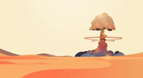 Nuclear explosion rising fireball of atomic mushroom cloud in desert apocalipce Stock Illustration