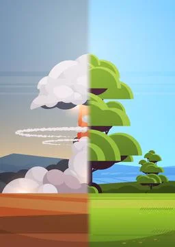 Nuclear explosion rising fireball of atomic mushroom cloud and green tree Stock Illustration
