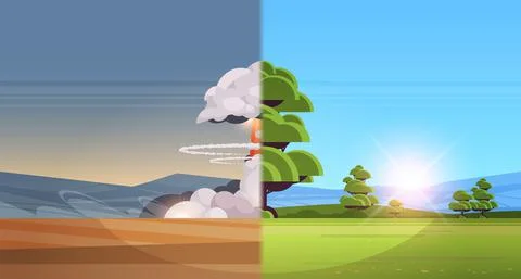 Nuclear explosion rising fireball of atomic mushroom cloud and green tree Stock Illustration