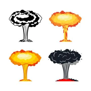 Nuclear explosion set. War. large red explosive chemical mushroom. Stock Illustration