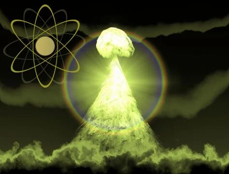 Nuclear explosion with symbol of atomic energy 3d rendering Stock Illustration