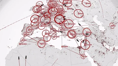 Nuclear Holocaust. Battlefield Maps. War Plans. Bombs fly between Cities. Stock Footage 82180946