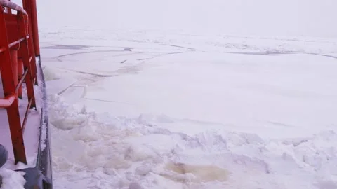 Nuclear Icebreaker Ship Breaking Through Ice ocean in the night Stock-Footage 139855988