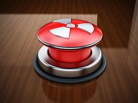 Nuclear launch button on reflective wooden table.. 3D illustration Illustrazione stock