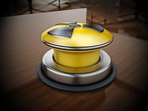 Nuclear launch button on reflective wooden table.. 3D illustration Illustrazione stock