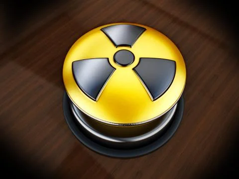 Nuclear launch button on reflective wooden table.. 3D illustration Illustrazione stock