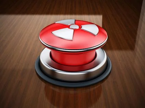 Nuclear launch button on reflective wooden table.. 3D illustration Nuclear... Stock Photos