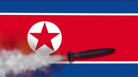 Nuclear Missile on the Background Flag of North Korea Stock Footage 79445100