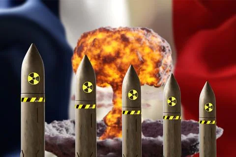 Nuclear missiles with atomic explosion on background of flag of France Stock Photos