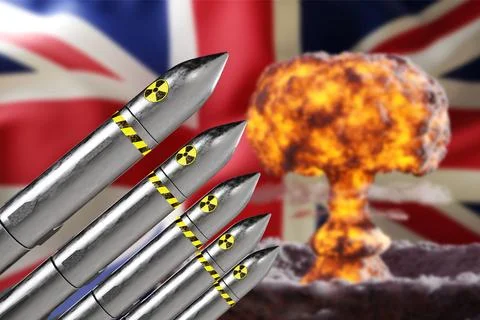 Nuclear missiles on background of nuclear explosion and United Kingdom flag Stock Illustration
