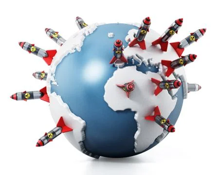 Nuclear missiles standing on world map. 3D illustration Stock Illustration