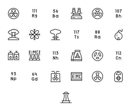Nuclear Modern Vector Collection with 25 Regular Line 128x128 Editable Icons Stock Illustration
