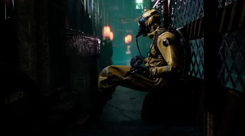 A nuclear physicist sits on a neon street and checks the surrounding radiation Stock Illustration
