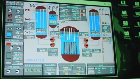 Nuclear plant scheme on computer screen. Monitoring the functioning of a nuclear Stock Footage 272594021