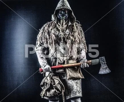 Nuclear post-apocalypse creature brandishing ax Stock Photos