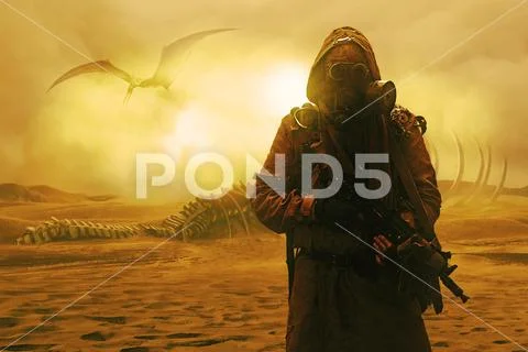 Nuclear post apocalypse. Desert and dead wasteland Stock Photos