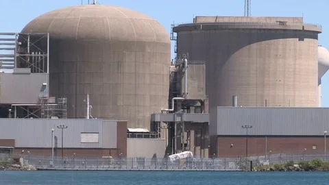 Nuclear power plant generating electricity at Pickering Ontario Canada Stock Footage 76239899