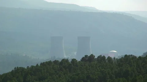 Nuclear power plant inside the river valley Stock Footage 50079399
