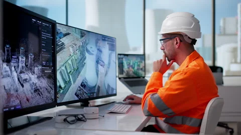 Nuclear Power Plant Operator Monitors Real-time Data Stock Footage 340397140