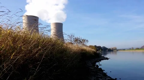 Nuclear power plant on the river Stock Footage 56886933