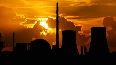 Nuclear Power Plant at Sunset, Time Lapse with Red Sky and Fiery Sun Stock Footage 172527171