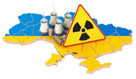 Nuclear power stations on Ukrainian map with radiation sign, 3D rendering Stock Illustration