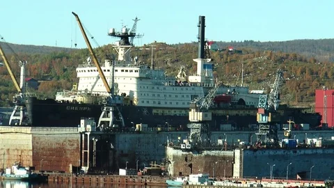 Nuclear-powered icebreaker "Sibir" is in the dock in the port of Murmansk. Stock Footage 71343345