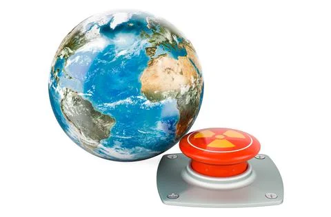 Nuclear red button with Earth Globe, 3D rendering 스톡 일러스트