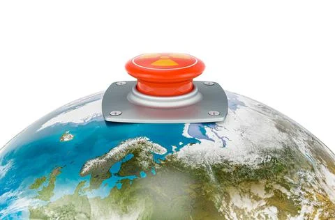 Nuclear red button on the Earth Globe. Global Nuclear Threat concept. 3D rend 스톡 일러스트