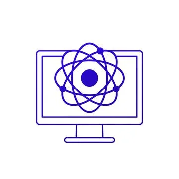 Nuclear research icon with an atom and a computer Ilustração Stock