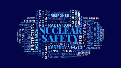 Nuclear safety word cloud typography design with blue text on dark background Stock Illustration