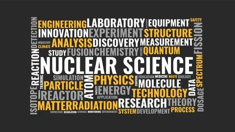 Nuclear Science Typography Word Cloud Design with Physics Energy and Resear.. Stock Illustration