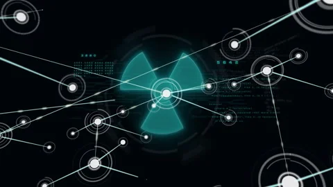 Nuclear symbol with interconnected nodes and digital data processing animation Stock Footage 306199737